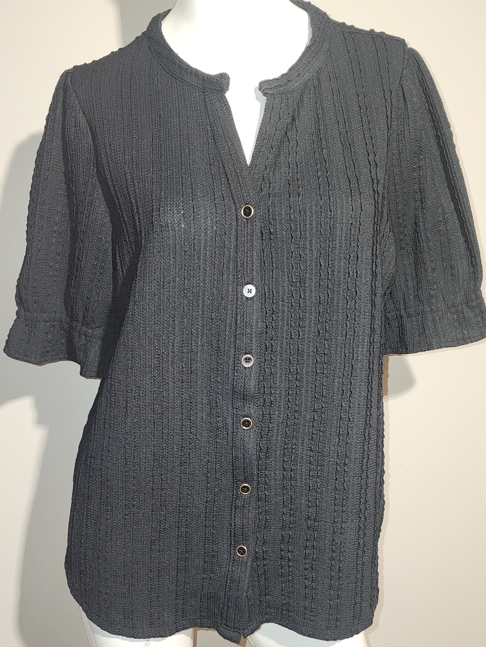 Cable & Gauge Black Textured Button-Front Blouse